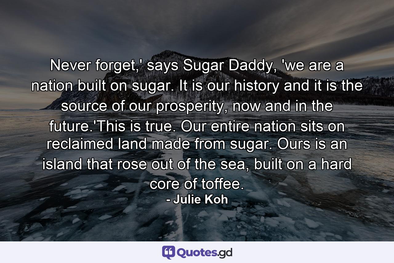 Never forget,' says Sugar Daddy, 'we are a nation built on sugar. It is our history and it is the source of our prosperity, now and in the future.'This is true. Our entire nation sits on reclaimed land made from sugar. Ours is an island that rose out of the sea, built on a hard core of toffee. - Quote by Julie Koh