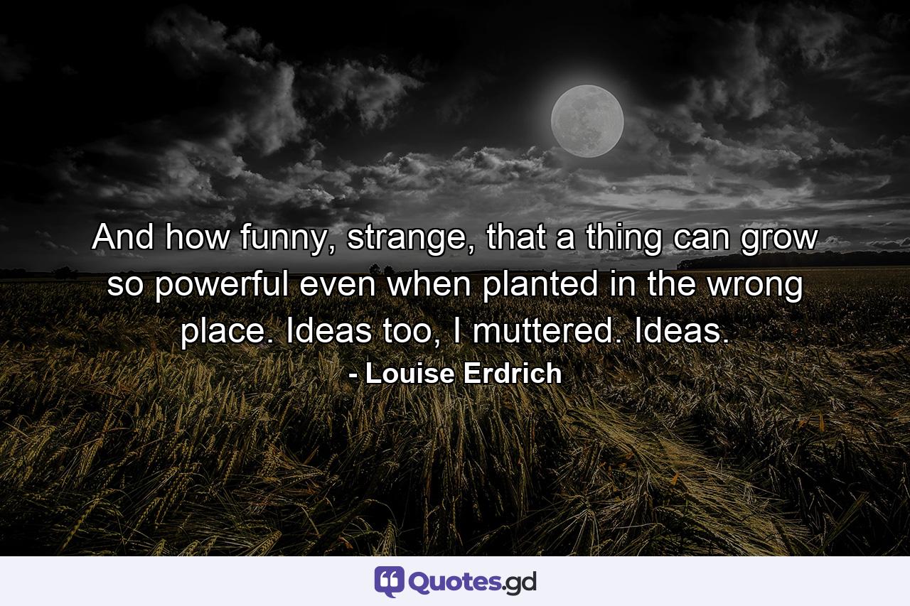 And how funny, strange, that a thing can grow so powerful even when planted in the wrong place. Ideas too, I muttered. Ideas. - Quote by Louise Erdrich