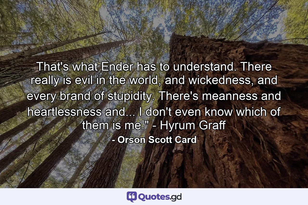 That's what Ender has to understand. There really is evil in the world, and wickedness, and every brand of stupidity. There's meanness and heartlessness and... I don't even know which of them is me.