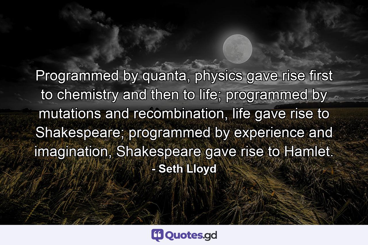 Programmed by quanta, physics gave rise first to chemistry and then to life; programmed by mutations and recombination, life gave rise to Shakespeare; programmed by experience and imagination, Shakespeare gave rise to Hamlet. - Quote by Seth Lloyd