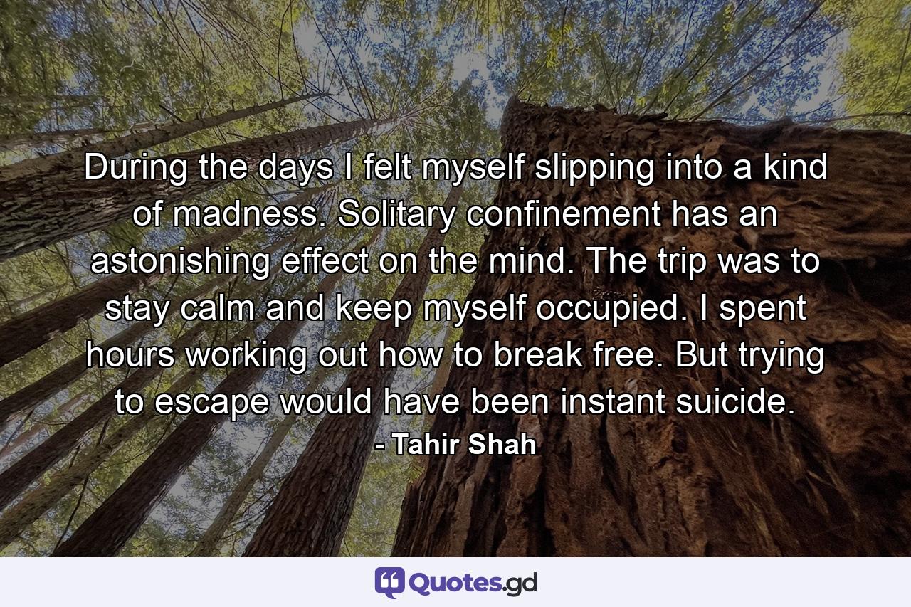 During the days I felt myself slipping into a kind of madness. Solitary confinement has an astonishing effect on the mind. The trip was to stay calm and keep myself occupied. I spent hours working out how to break free. But trying to escape would have been instant suicide. - Quote by Tahir Shah