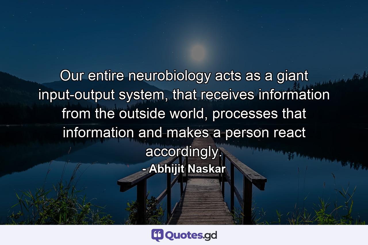 Our entire neurobiology acts as a giant input-output system, that receives information from the outside world, processes that information and makes a person react accordingly. - Quote by Abhijit Naskar