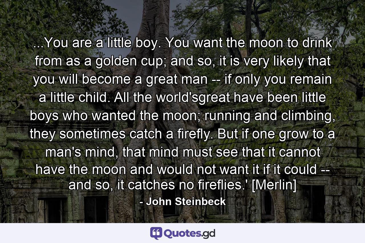 ...You are a little boy. You want the moon to drink from as a golden cup; and so, it is very likely that you will become a great man -- if only you remain a little child. All the world'sgreat have been little boys who wanted the moon; running and climbing, they sometimes catch a firefly. But if one grow to a man's mind, that mind must see that it cannot have the moon and would not want it if it could -- and so, it catches no fireflies.' [Merlin] - Quote by John Steinbeck