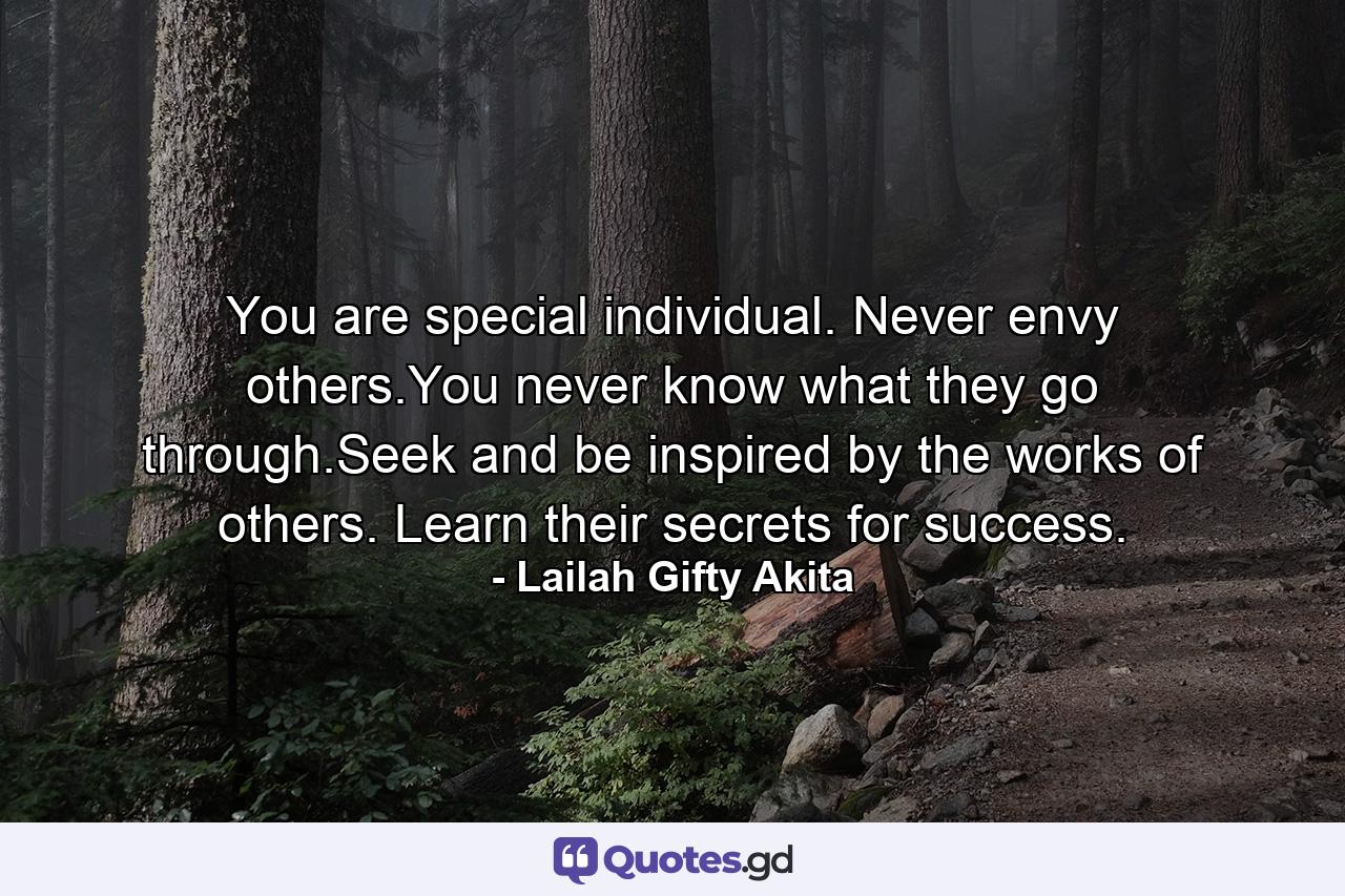 You are special individual. Never envy others.You never know what they go through.Seek and be inspired by the works of others. Learn their secrets for success. - Quote by Lailah Gifty Akita