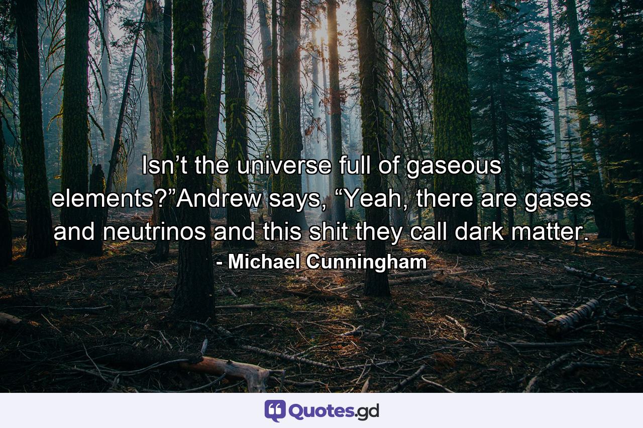 Isn’t the universe full of gaseous elements?”Andrew says, “Yeah, there are gases and neutrinos and this shit they call dark matter. - Quote by Michael Cunningham