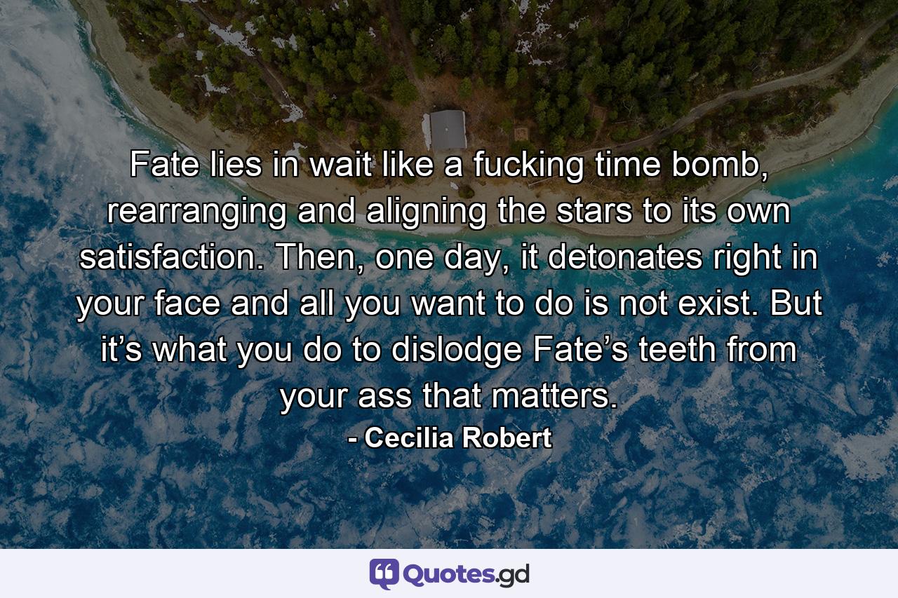 Fate lies in wait like a fucking time bomb, rearranging and aligning the stars to its own satisfaction. Then, one day, it detonates right in your face and all you want to do is not exist. But it’s what you do to dislodge Fate’s teeth from your ass that matters. - Quote by Cecilia Robert