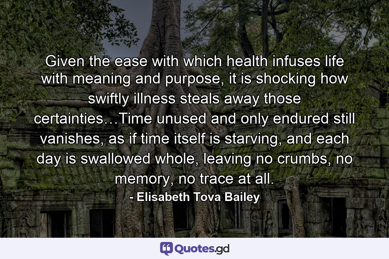 Given the ease with which health infuses life with meaning and purpose, it is shocking how swiftly illness steals away those certainties…Time unused and only endured still vanishes, as if time itself is starving, and each day is swallowed whole, leaving no crumbs, no memory, no trace at all. - Quote by Elisabeth Tova Bailey