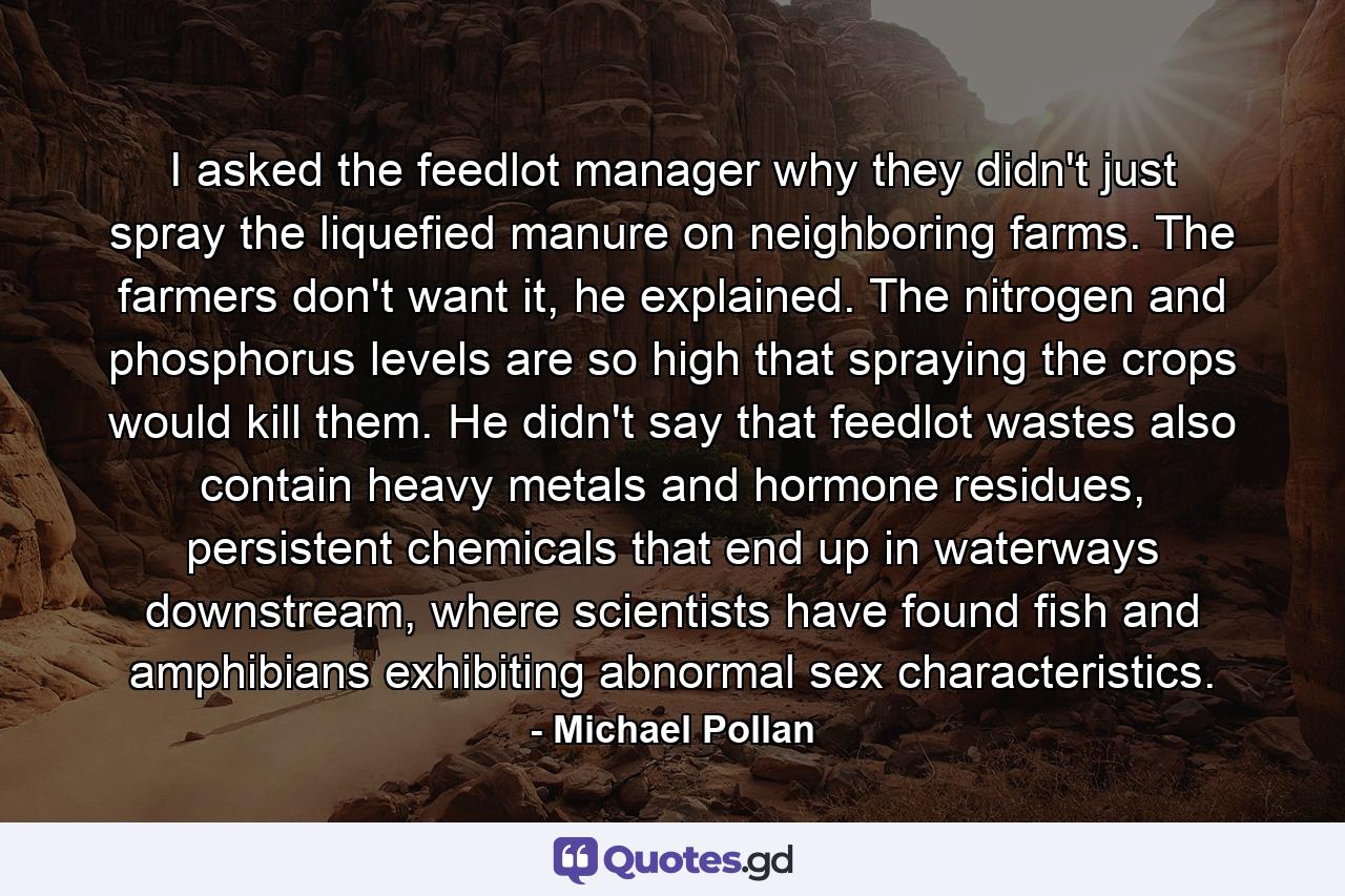 I asked the feedlot manager why they didn't just spray the liquefied manure on neighboring farms. The farmers don't want it, he explained. The nitrogen and phosphorus levels are so high that spraying the crops would kill them. He didn't say that feedlot wastes also contain heavy metals and hormone residues, persistent chemicals that end up in waterways downstream, where scientists have found fish and amphibians exhibiting abnormal sex characteristics. - Quote by Michael Pollan