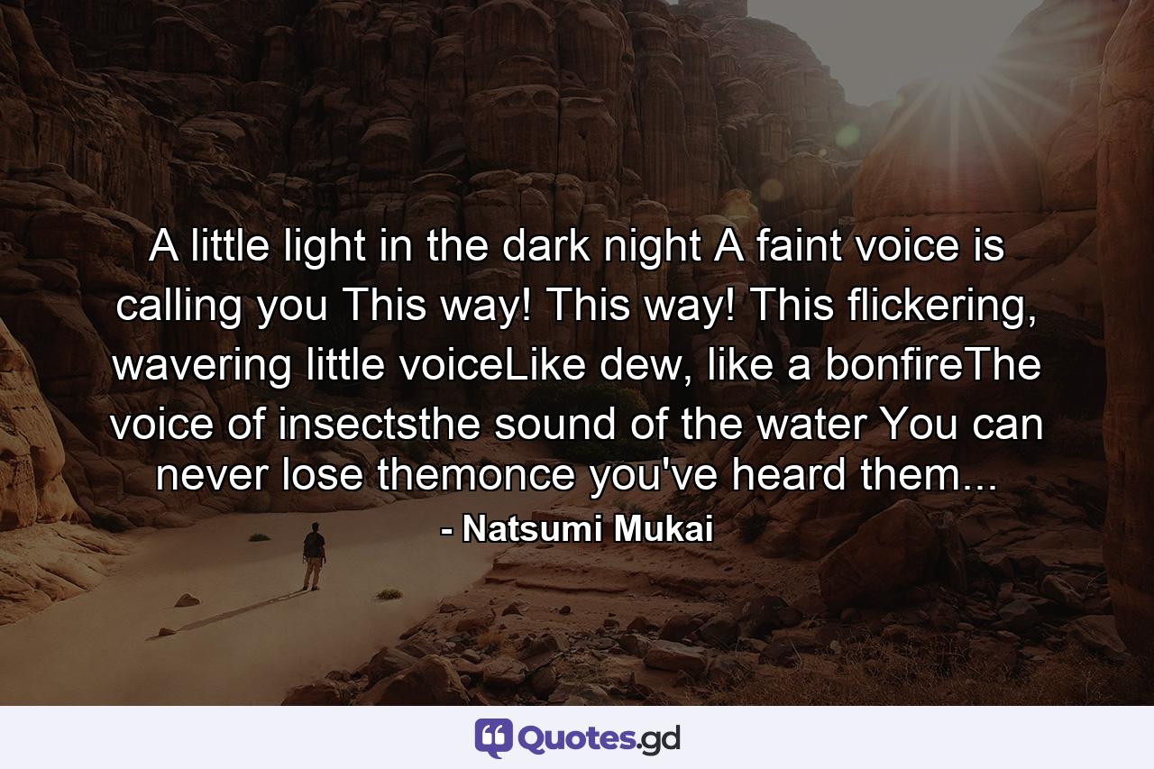 A little light in the dark night A faint voice is calling you This way! This way! This flickering, wavering little voiceLike dew, like a bonfireThe voice of insectsthe sound of the water You can never lose themonce you've heard them... - Quote by Natsumi Mukai