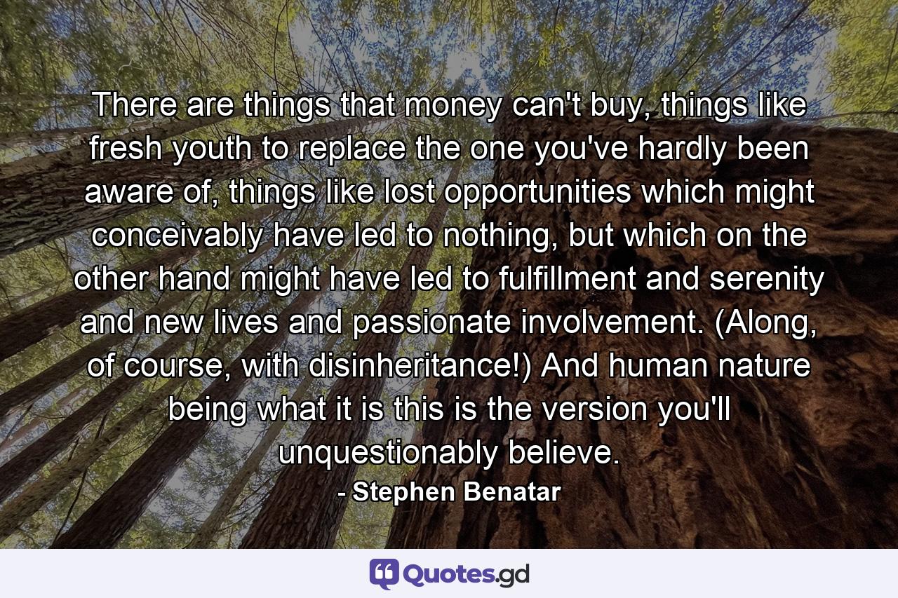 There are things that money can't buy, things like fresh youth to replace the one you've hardly been aware of, things like lost opportunities which might conceivably have led to nothing, but which on the other hand might have led to fulfillment and serenity and new lives and passionate involvement. (Along, of course, with disinheritance!) And human nature being what it is this is the version you'll unquestionably believe. - Quote by Stephen Benatar