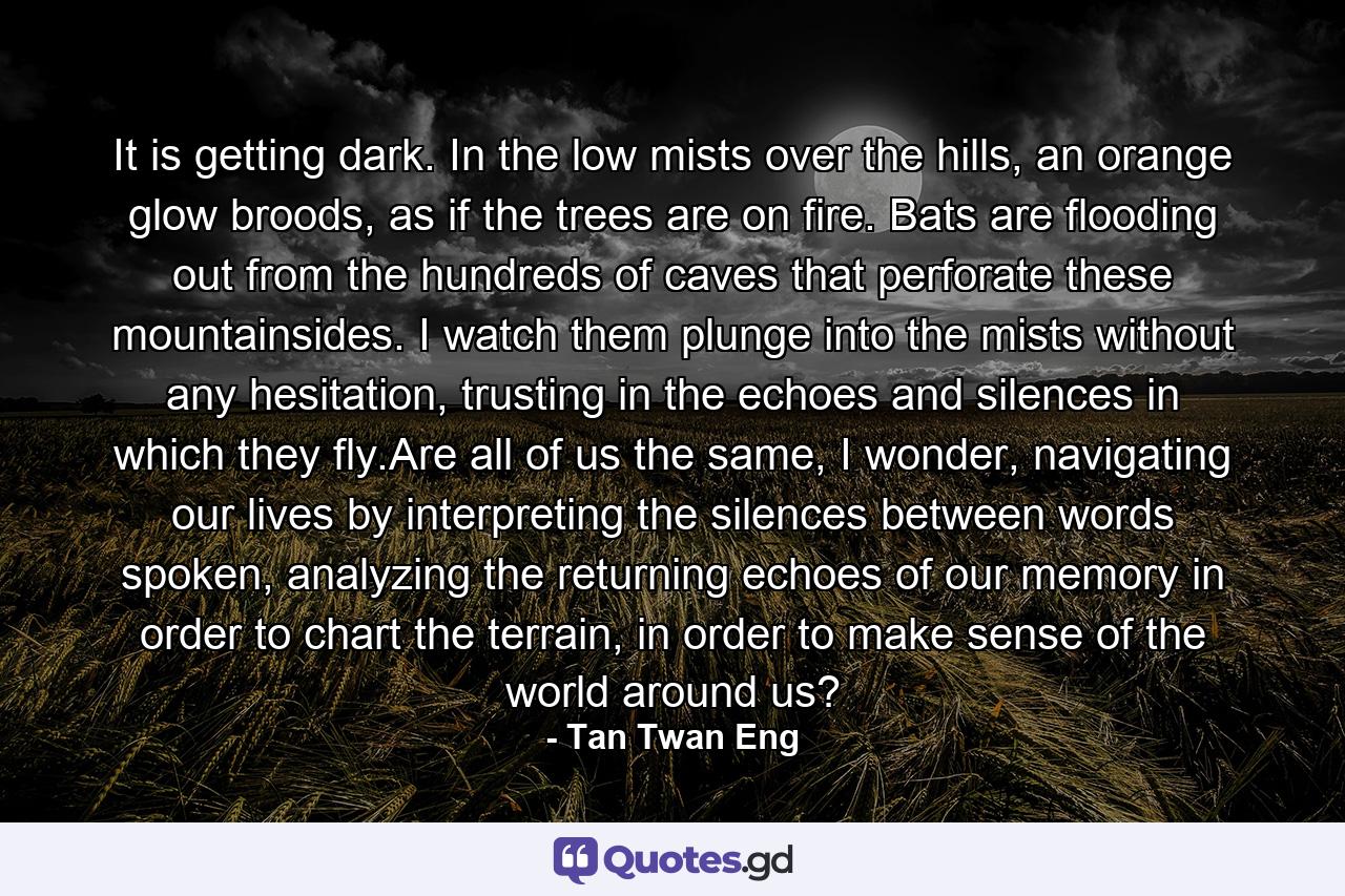 It is getting dark. In the low mists over the hills, an orange glow broods, as if the trees are on fire. Bats are flooding out from the hundreds of caves that perforate these mountainsides. I watch them plunge into the mists without any hesitation, trusting in the echoes and silences in which they fly.Are all of us the same, I wonder, navigating our lives by interpreting the silences between words spoken, analyzing the returning echoes of our memory in order to chart the terrain, in order to make sense of the world around us? - Quote by Tan Twan Eng