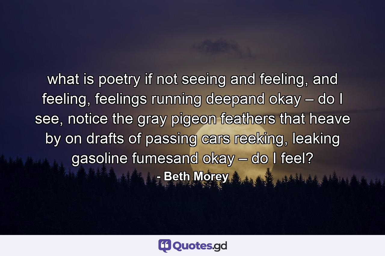 what is poetry if not seeing and feeling,  and feeling, feelings  running deepand okay – do I see, notice the gray pigeon feathers that heave  by on drafts of passing  cars reeking, leaking gasoline fumesand okay – do I feel? - Quote by Beth Morey