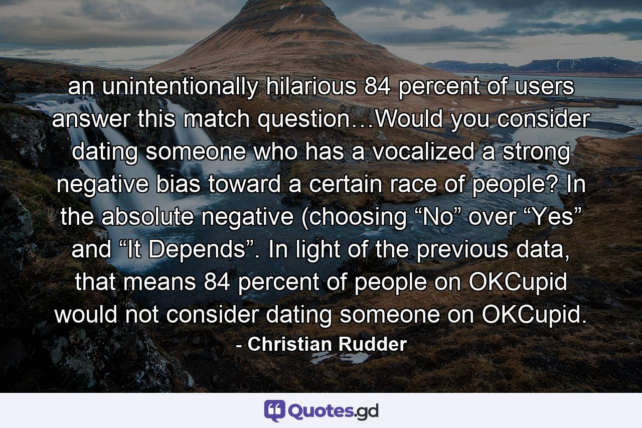 an unintentionally hilarious 84 percent of users answer this match question…Would you consider dating someone who has a vocalized a strong negative bias toward a certain race of people? In the absolute negative (choosing “No” over “Yes” and “It Depends”. In light of the previous data, that means 84 percent of people on OKCupid would not consider dating someone on OKCupid. - Quote by Christian Rudder