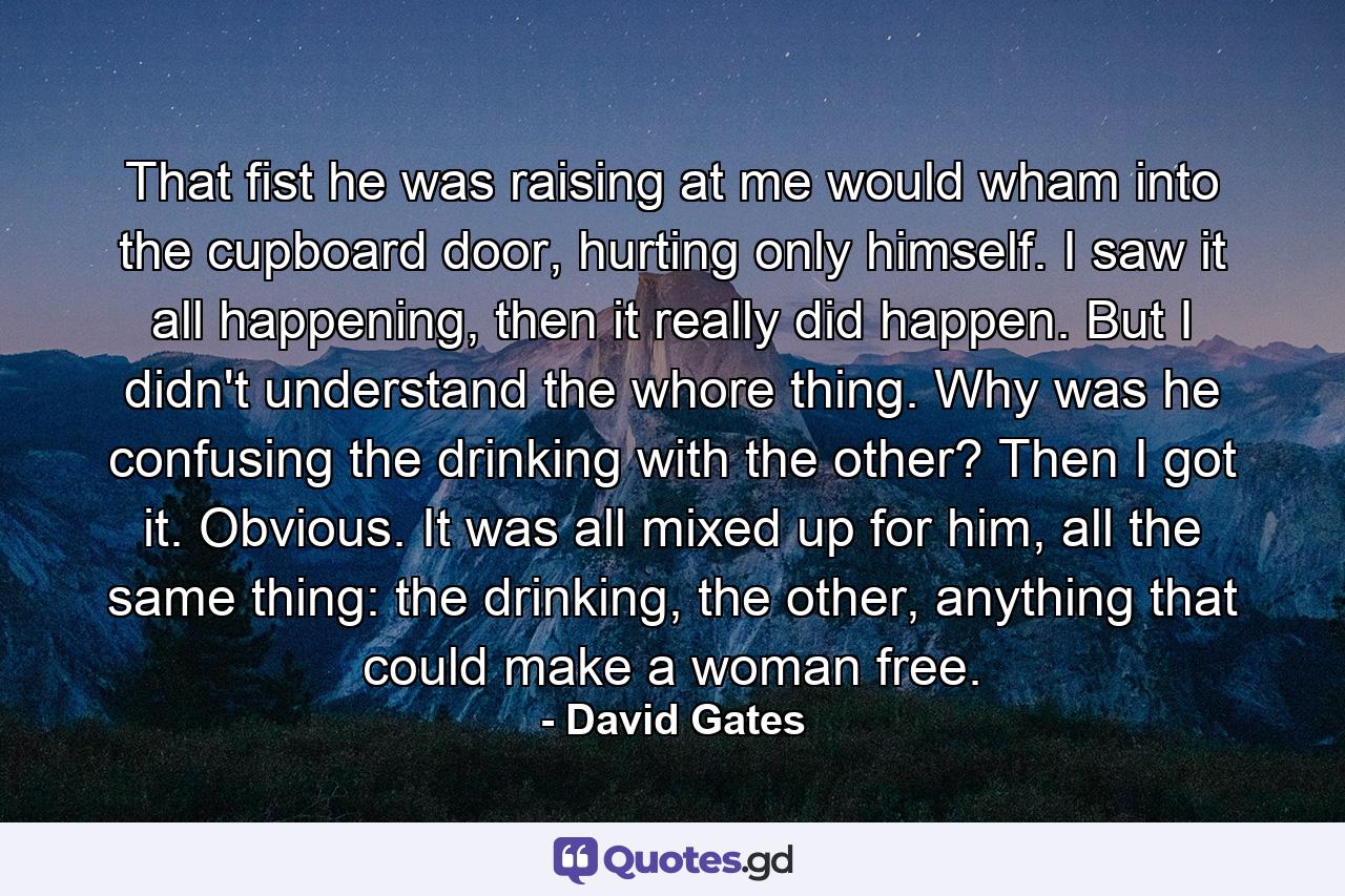 That fist he was raising at me would wham into the cupboard door, hurting only himself. I saw it all happening, then it really did happen. But I didn't understand the whore thing. Why was he confusing the drinking with the other? Then I got it. Obvious. It was all mixed up for him, all the same thing: the drinking, the other, anything that could make a woman free. - Quote by David Gates