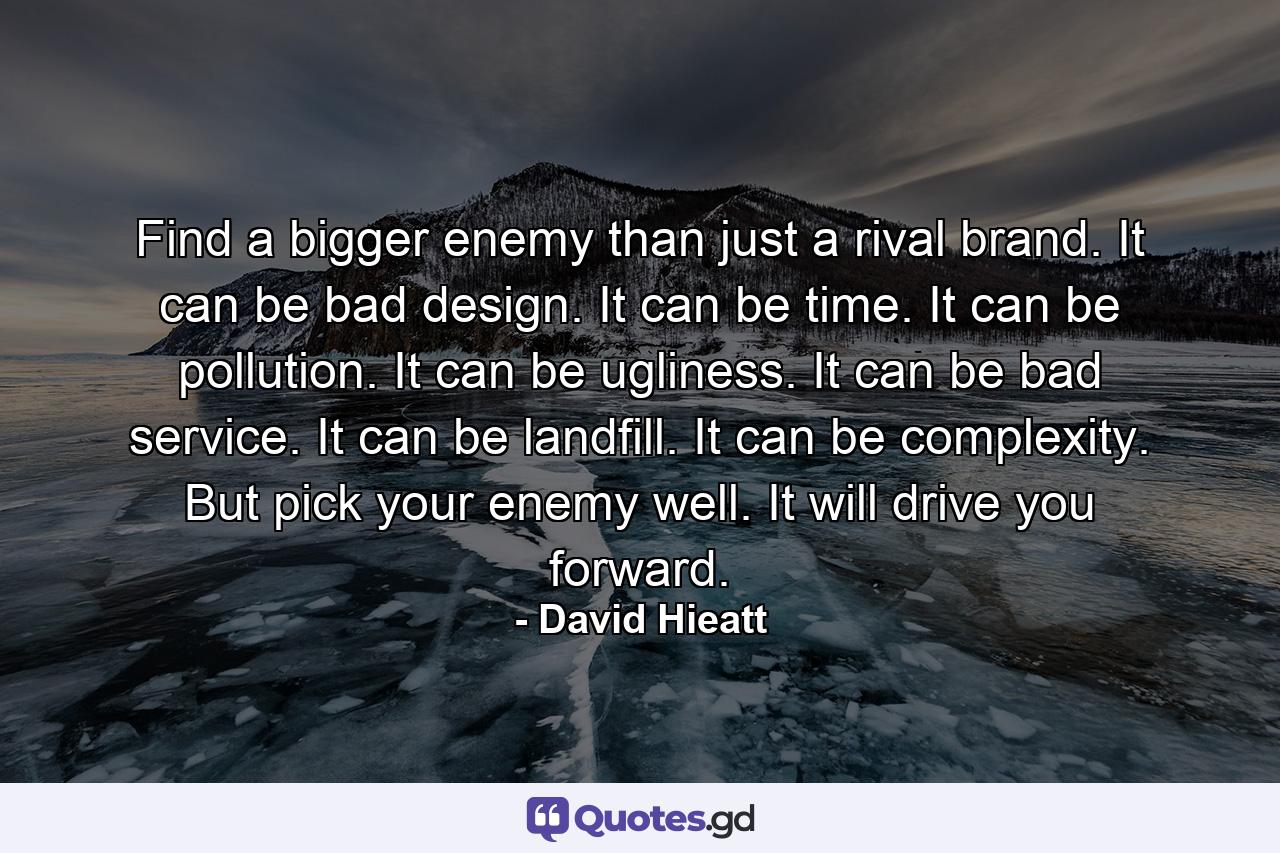 Find a bigger enemy than just a rival brand. It can be bad design. It can be time. It can be pollution. It can be ugliness. It can be bad service. It can be landfill. It can be complexity. But pick your enemy well. It will drive you forward. - Quote by David Hieatt