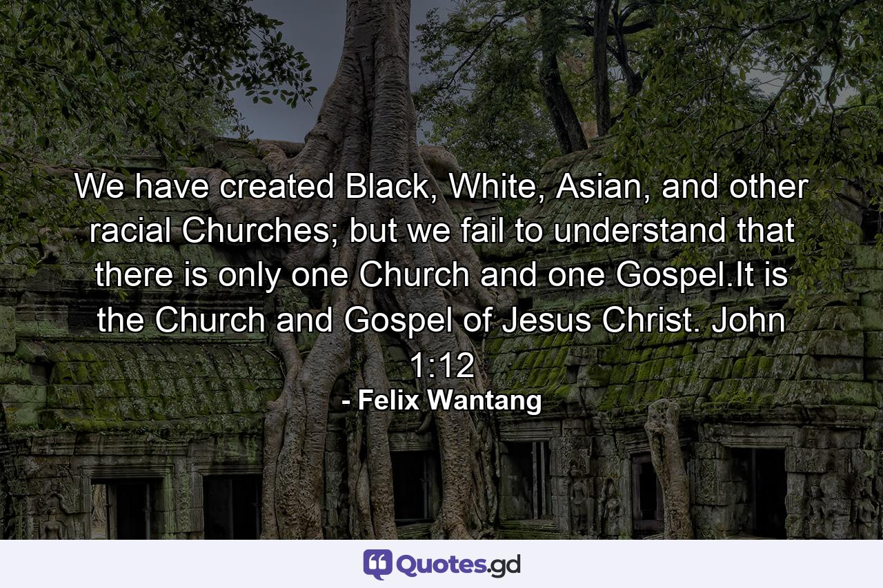 We have created Black, White, Asian, and other racial Churches; but we fail to understand that there is only one Church and one Gospel.It is the Church and Gospel of Jesus Christ. John 1:12 - Quote by Felix Wantang