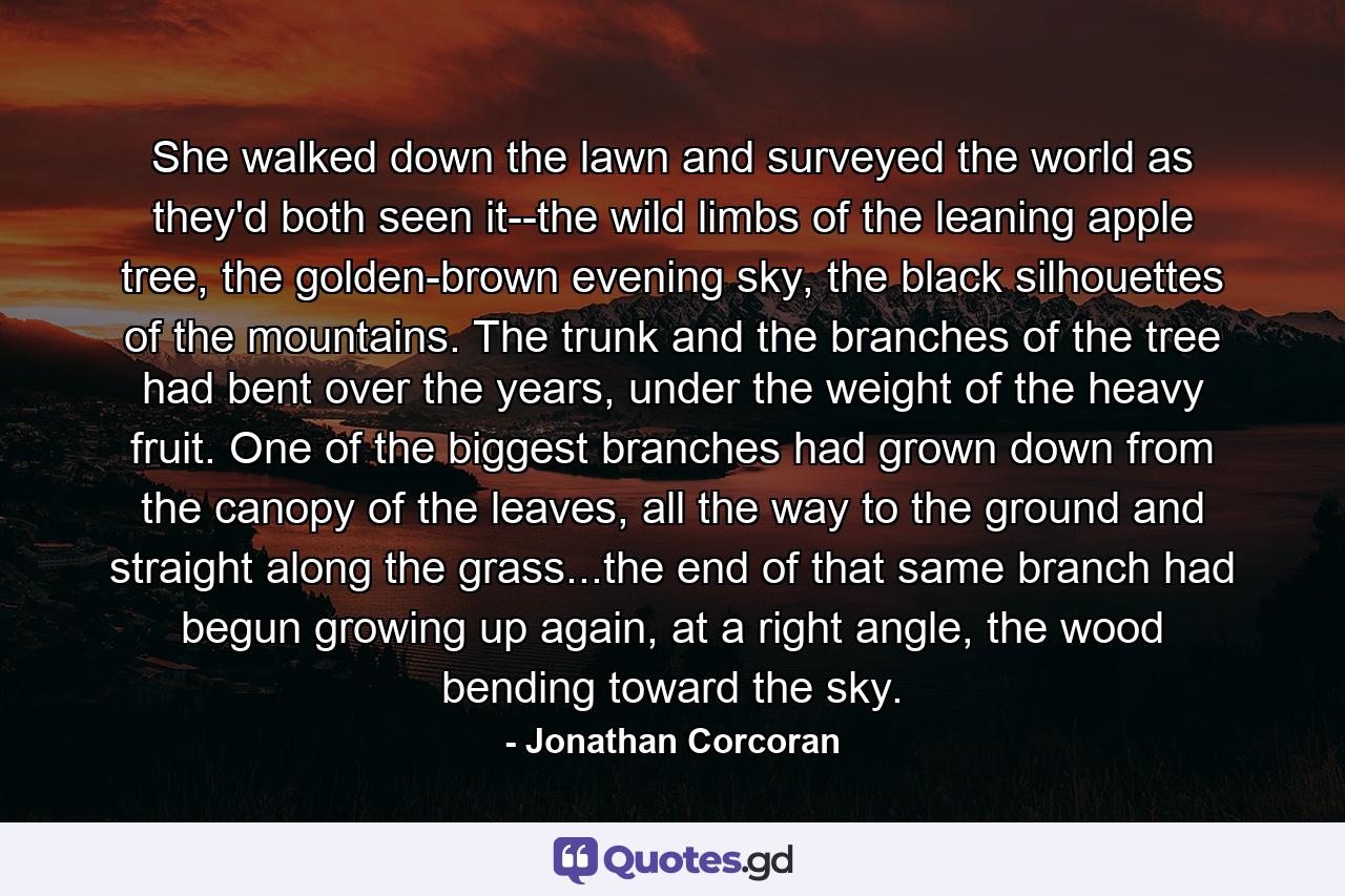 She walked down the lawn and surveyed the world as they'd both seen it--the wild limbs of the leaning apple tree, the golden-brown evening sky, the black silhouettes of the mountains. The trunk and the branches of the tree had bent over the years, under the weight of the heavy fruit. One of the biggest branches had grown down from the canopy of the leaves, all the way to the ground and straight along the grass...the end of that same branch had begun growing up again, at a right angle, the wood bending toward the sky. - Quote by Jonathan Corcoran