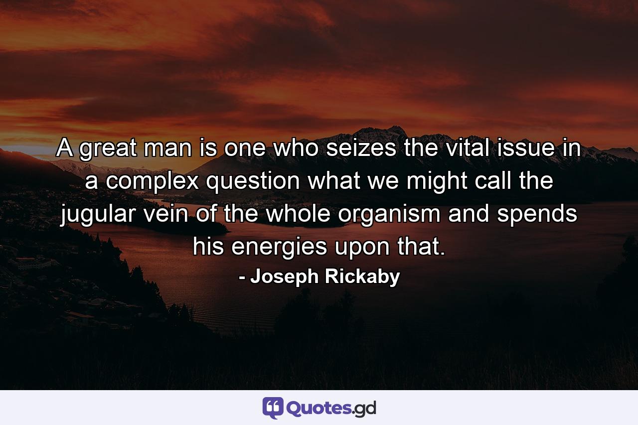 A great man is one who seizes the vital issue in a complex question  what we might call the jugular vein of the whole organism  and spends his energies upon that. - Quote by Joseph Rickaby