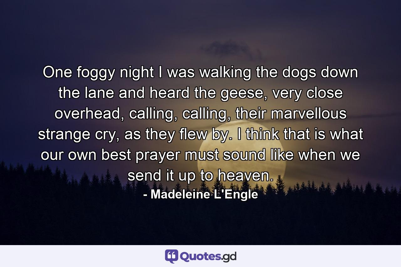 One foggy night I was walking the dogs down the lane and heard the geese, very close overhead, calling, calling, their marvellous strange cry, as they flew by. I think that is what our own best prayer must sound like when we send it up to heaven. - Quote by Madeleine L'Engle