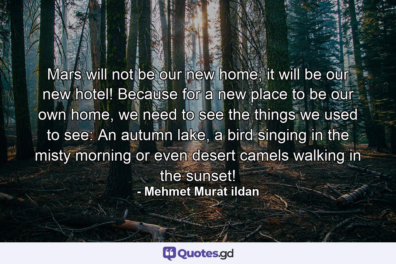 Mars will not be our new home; it will be our new hotel! Because for a new place to be our own home, we need to see the things we used to see: An autumn lake, a bird singing in the misty morning or even desert camels walking in the sunset! - Quote by Mehmet Murat ildan