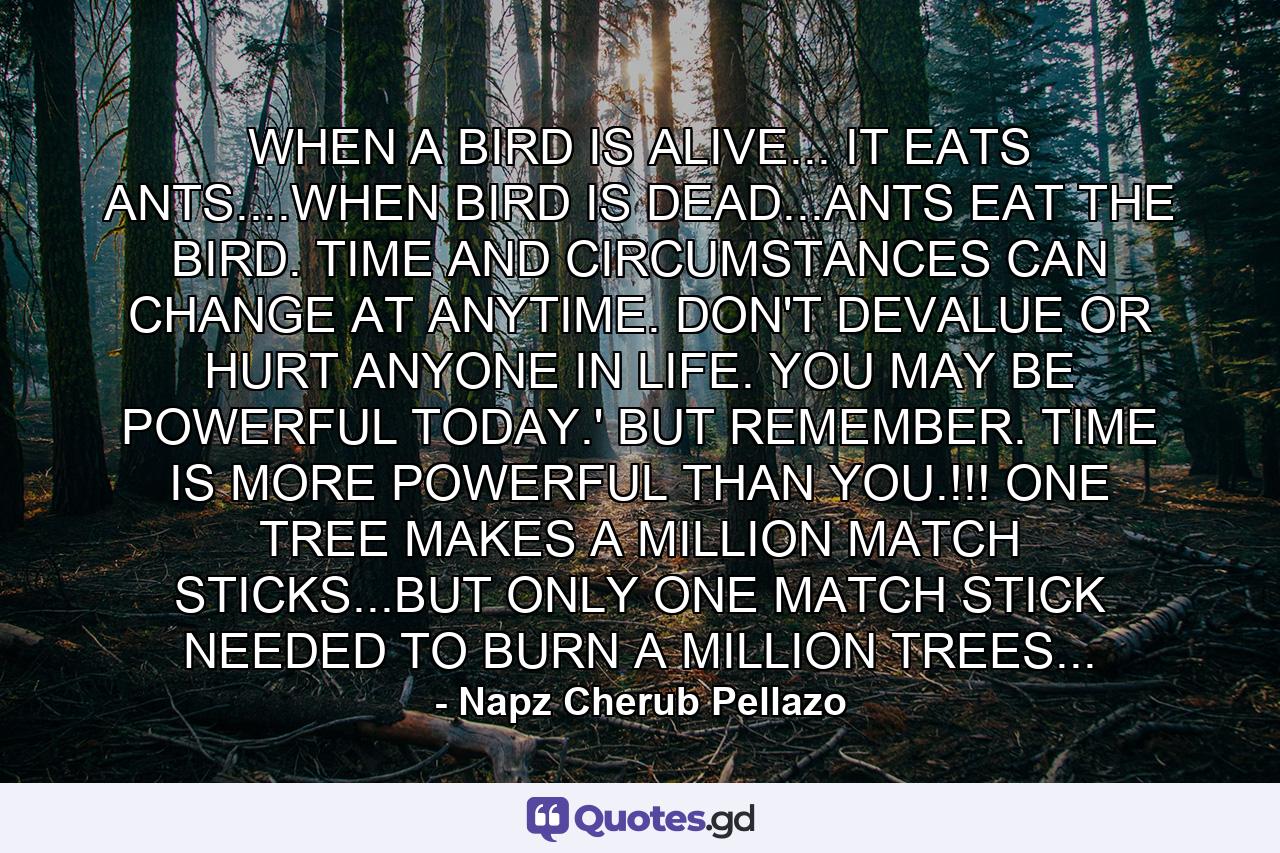 WHEN A BIRD IS ALIVE... IT EATS ANTS....WHEN BIRD IS DEAD...ANTS EAT THE BIRD. TIME AND CIRCUMSTANCES CAN CHANGE AT ANYTIME. DON'T DEVALUE OR HURT ANYONE IN LIFE. YOU MAY BE POWERFUL TODAY.' BUT REMEMBER. TIME IS MORE POWERFUL THAN YOU.!!! ONE TREE MAKES A MILLION MATCH STICKS...BUT ONLY ONE MATCH STICK NEEDED TO BURN A MILLION TREES... - Quote by Napz Cherub Pellazo