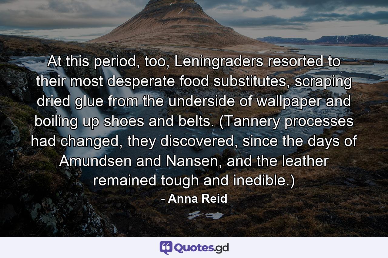 At this period, too, Leningraders resorted to their most desperate food substitutes, scraping dried glue from the underside of wallpaper and boiling up shoes and belts. (Tannery processes had changed, they discovered, since the days of Amundsen and Nansen, and the leather remained tough and inedible.) - Quote by Anna Reid