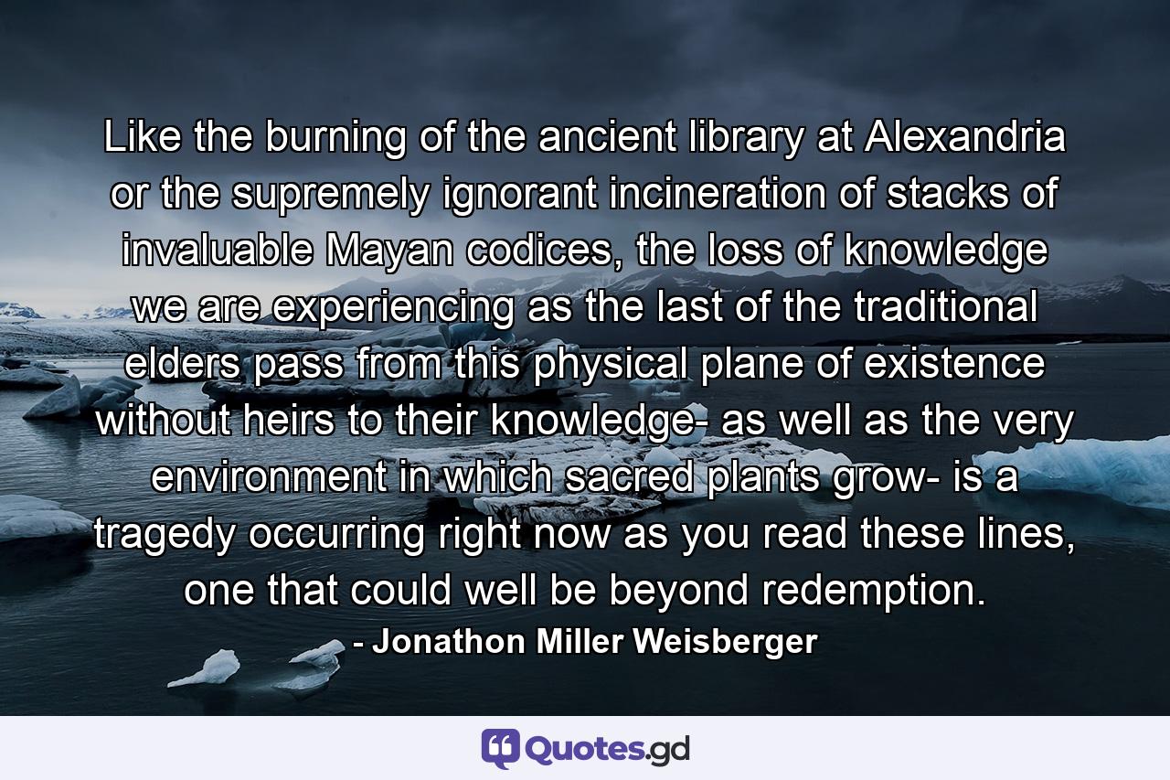 Like the burning of the ancient library at Alexandria or the supremely ignorant incineration of stacks of invaluable Mayan codices, the loss of knowledge we are experiencing as the last of the traditional elders pass from this physical plane of existence without heirs to their knowledge- as well as the very environment in which sacred plants grow- is a tragedy occurring right now as you read these lines, one that could well be beyond redemption. - Quote by Jonathon Miller Weisberger