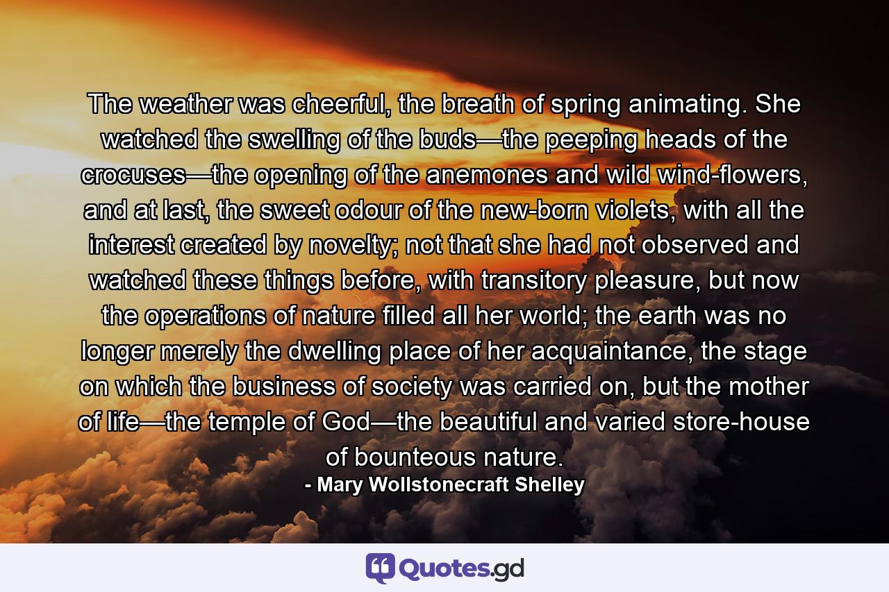 The weather was cheerful, the breath of spring animating. She watched the swelling of the buds—the peeping heads of the crocuses—the opening of the anemones and wild wind-flowers, and at last, the sweet odour of the new-born violets, with all the interest created by novelty; not that she had not observed and watched these things before, with transitory pleasure, but now the operations of nature filled all her world; the earth was no longer merely the dwelling place of her acquaintance, the stage on which the business of society was carried on, but the mother of life—the temple of God—the beautiful and varied store-house of bounteous nature. - Quote by Mary Wollstonecraft Shelley