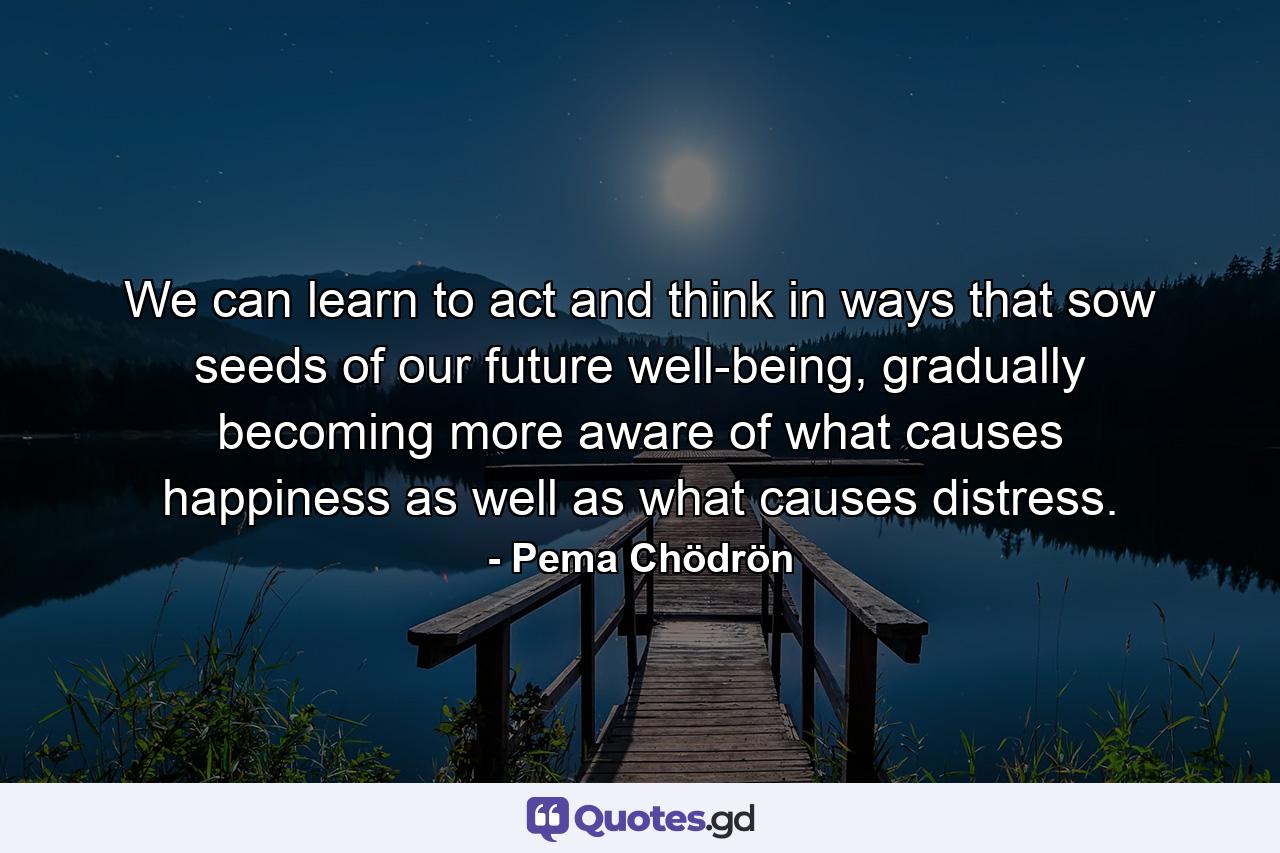 We can learn to act and think in ways that sow seeds of our future well-being, gradually becoming more aware of what causes happiness as well as what causes distress. - Quote by Pema Chödrön