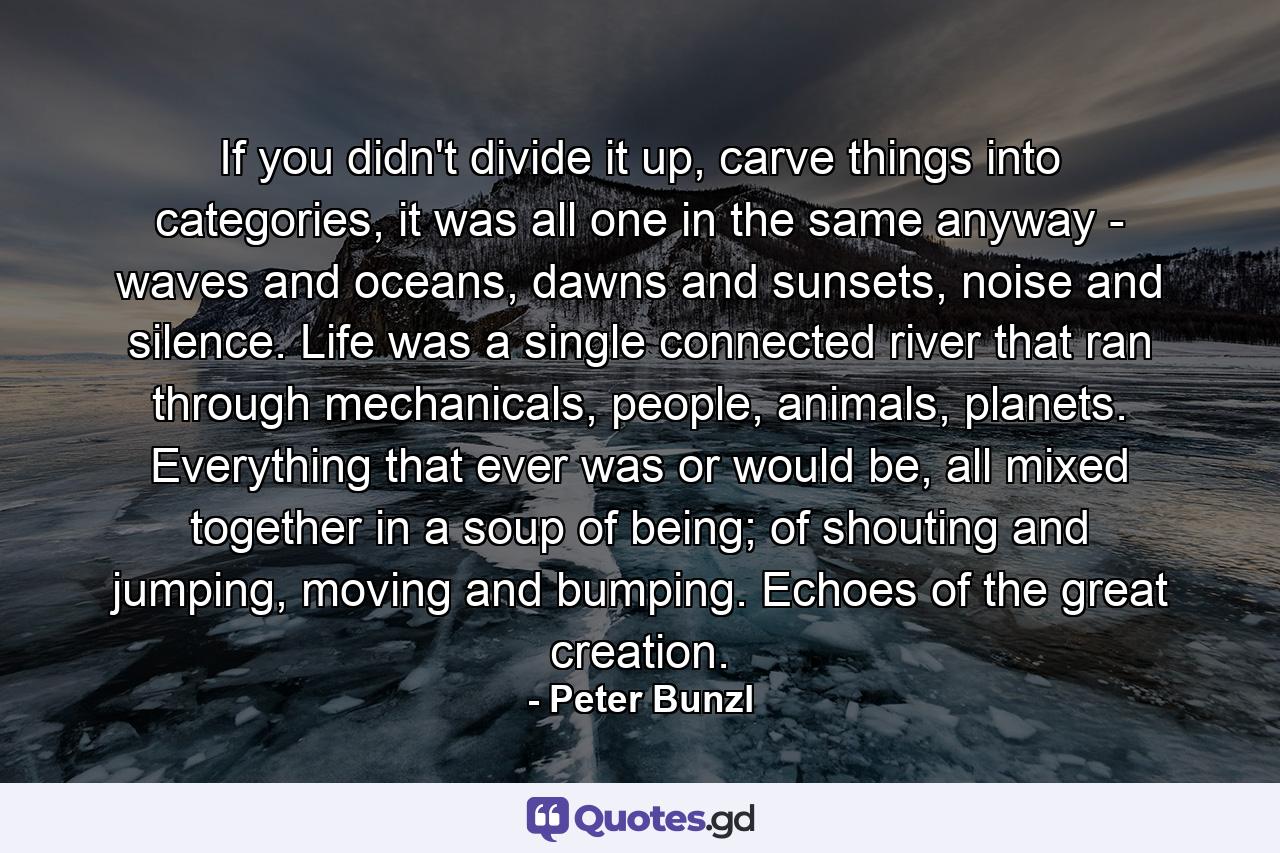 If you didn't divide it up, carve things into categories, it was all one in the same anyway - waves and oceans, dawns and sunsets, noise and silence. Life was a single connected river that ran through mechanicals, people, animals, planets. Everything that ever was or would be, all mixed together in a soup of being; of shouting and jumping, moving and bumping. Echoes of the great creation. - Quote by Peter Bunzl