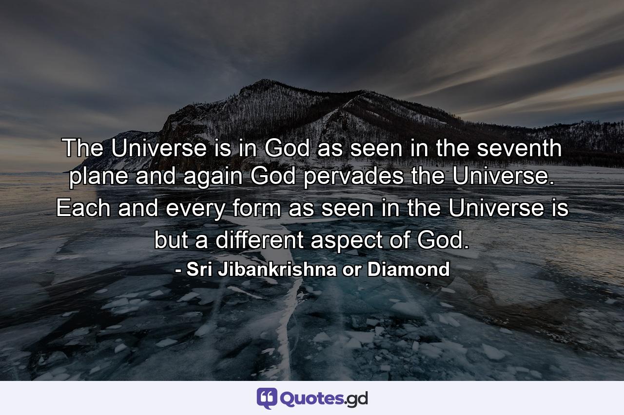 The Universe is in God as seen in the seventh plane and again God pervades the Universe. Each and every form as seen in the Universe is but a different aspect of God. - Quote by Sri Jibankrishna or Diamond