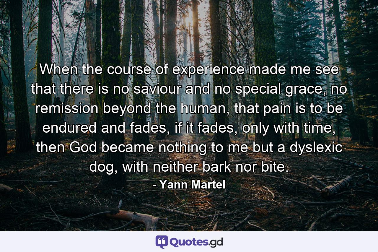 When the course of experience made me see that there is no saviour and no special grace, no remission beyond the human, that pain is to be endured and fades, if it fades, only with time, then God became nothing to me but a dyslexic dog, with neither bark nor bite. - Quote by Yann Martel