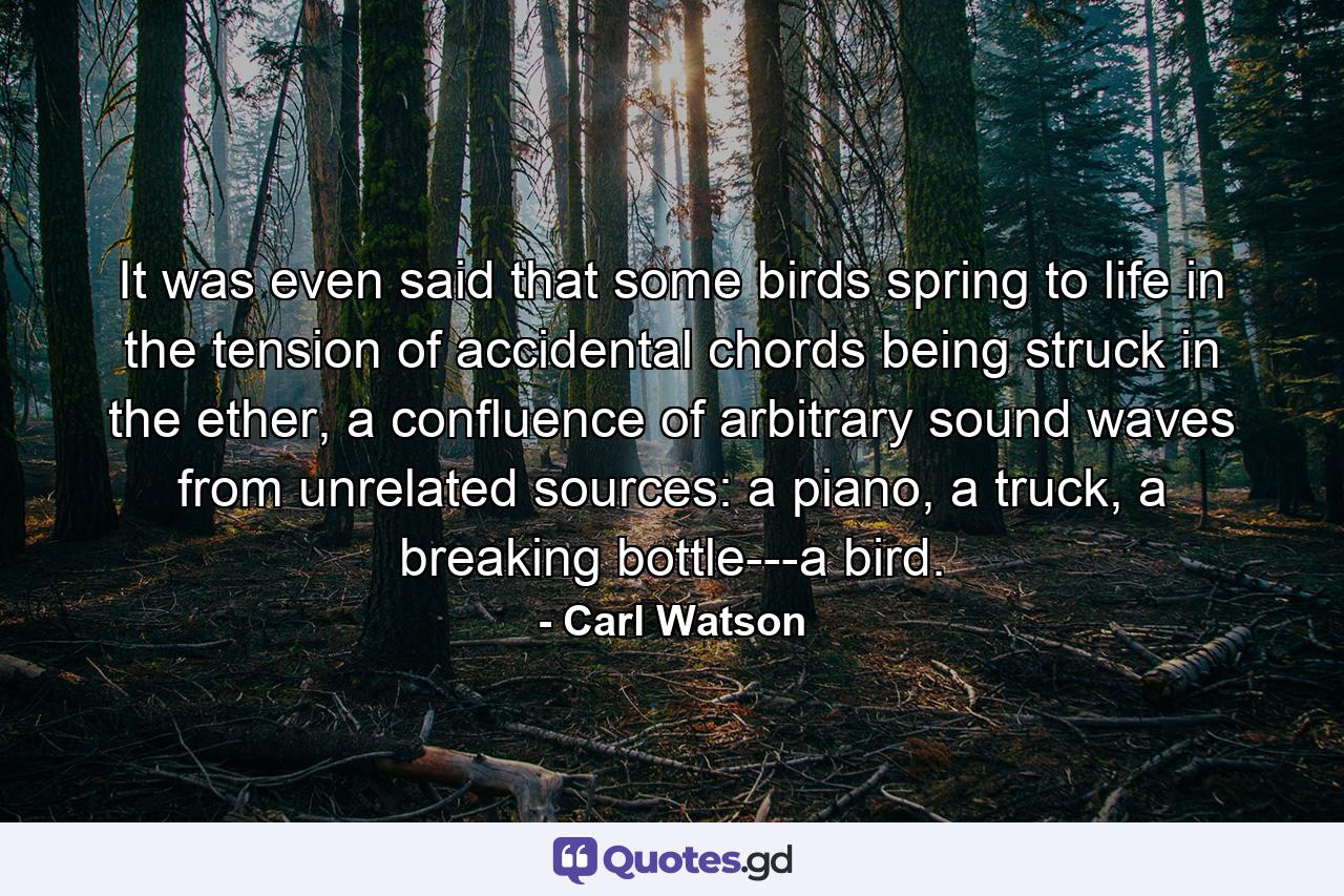 It was even said that some birds spring to life in the tension of accidental chords being struck in the ether, a confluence of arbitrary sound waves from unrelated sources: a piano, a truck, a breaking bottle---a bird. - Quote by Carl Watson