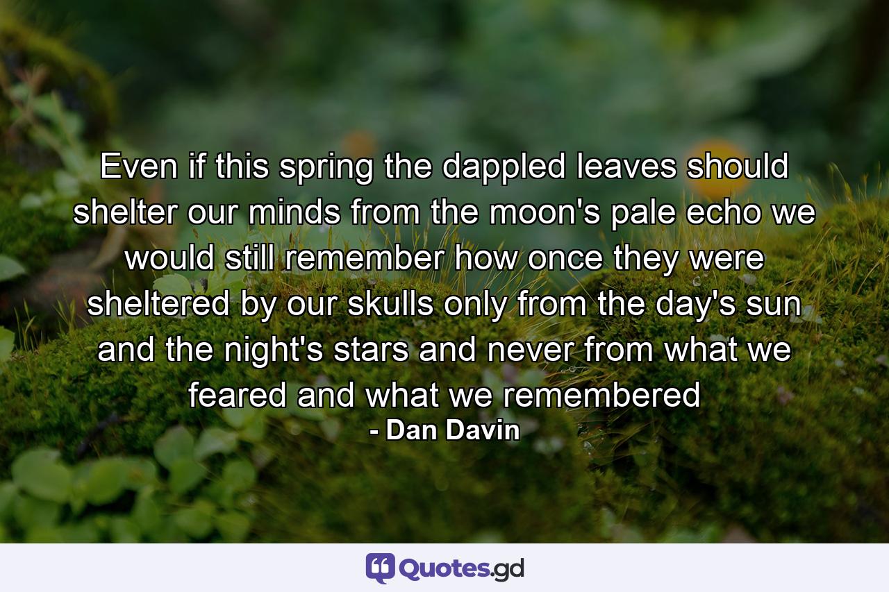 Even if this spring the dappled leaves should shelter our minds from the moon's pale echo we would still remember how once they were sheltered by our skulls only from the day's sun and the night's stars and never from what we feared and what we remembered - Quote by Dan Davin