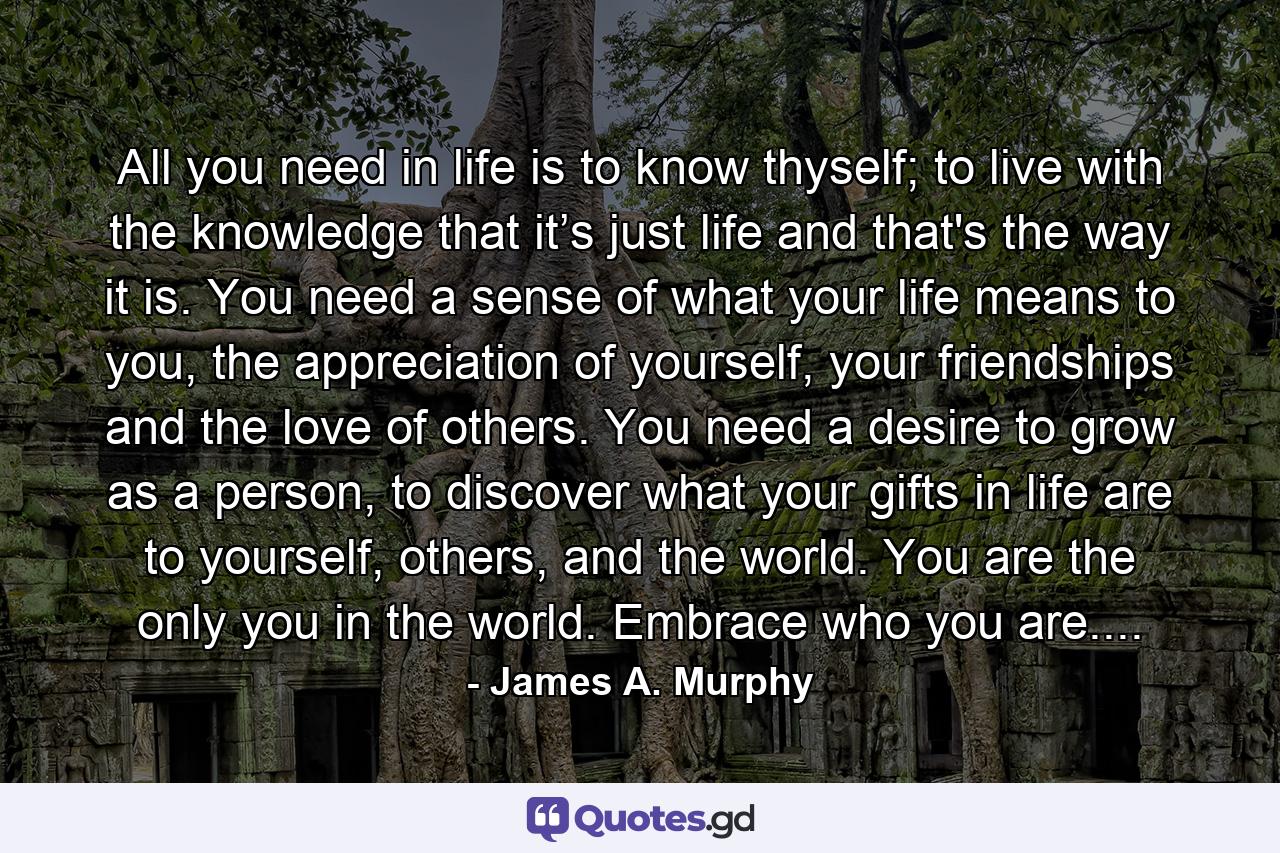 All you need in life is to know thyself; to live with the knowledge that it’s just life and that's the way it is. You need a sense of what your life means to you, the appreciation of yourself, your friendships and the love of others. You need a desire to grow as a person, to discover what your gifts in life are to yourself, others, and the world. You are the only you in the world. Embrace who you are.... - Quote by James A. Murphy