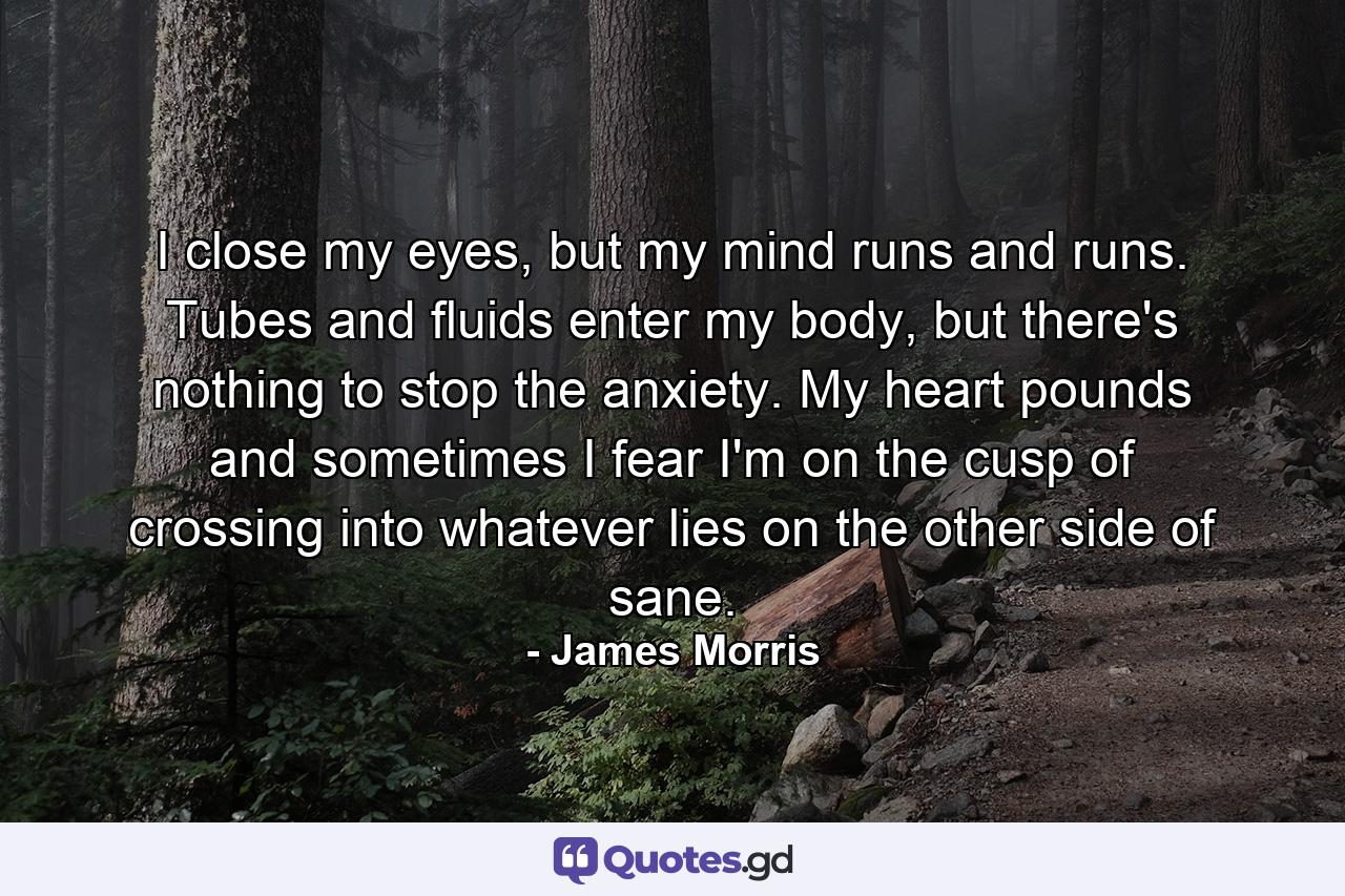 I close my eyes, but my mind runs and runs. Tubes and fluids enter my body, but there's nothing to stop the anxiety. My heart pounds and sometimes I fear I'm on the cusp of crossing into whatever lies on the other side of sane. - Quote by James Morris