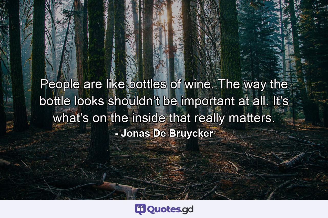 People are like bottles of wine. The way the bottle looks shouldn’t be important at all. It’s what’s on the inside that really matters. - Quote by Jonas De Bruycker