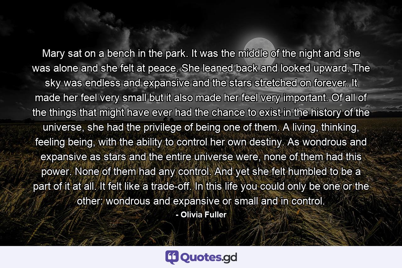 Mary sat on a bench in the park. It was the middle of the night and she was alone and she felt at peace. She leaned back and looked upward. The sky was endless and expansive and the stars stretched on forever. It made her feel very small but it also made her feel very important. Of all of the things that might have ever had the chance to exist in the history of the universe, she had the privilege of being one of them. A living, thinking, feeling being, with the ability to control her own destiny. As wondrous and expansive as stars and the entire universe were, none of them had this power. None of them had any control. And yet she felt humbled to be a part of it at all. It felt like a trade-off. In this life you could only be one or the other: wondrous and expansive or small and in control. - Quote by Olivia Fuller