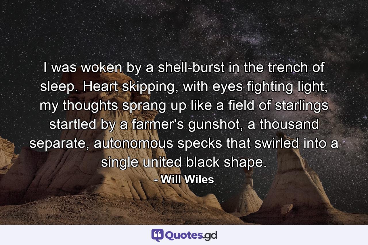 I was woken by a shell-burst in the trench of sleep. Heart skipping, with eyes fighting light, my thoughts sprang up like a field of starlings startled by a farmer's gunshot, a thousand separate, autonomous specks that swirled into a single united black shape. - Quote by Will Wiles