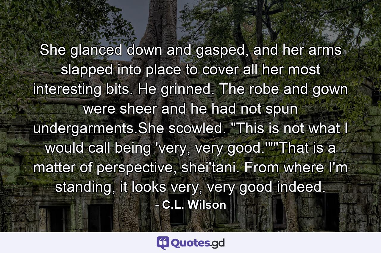 She glanced down and gasped, and her arms slapped into place to cover all her most interesting bits. He grinned. The robe and gown were sheer and he had not spun undergarments.She scowled. 