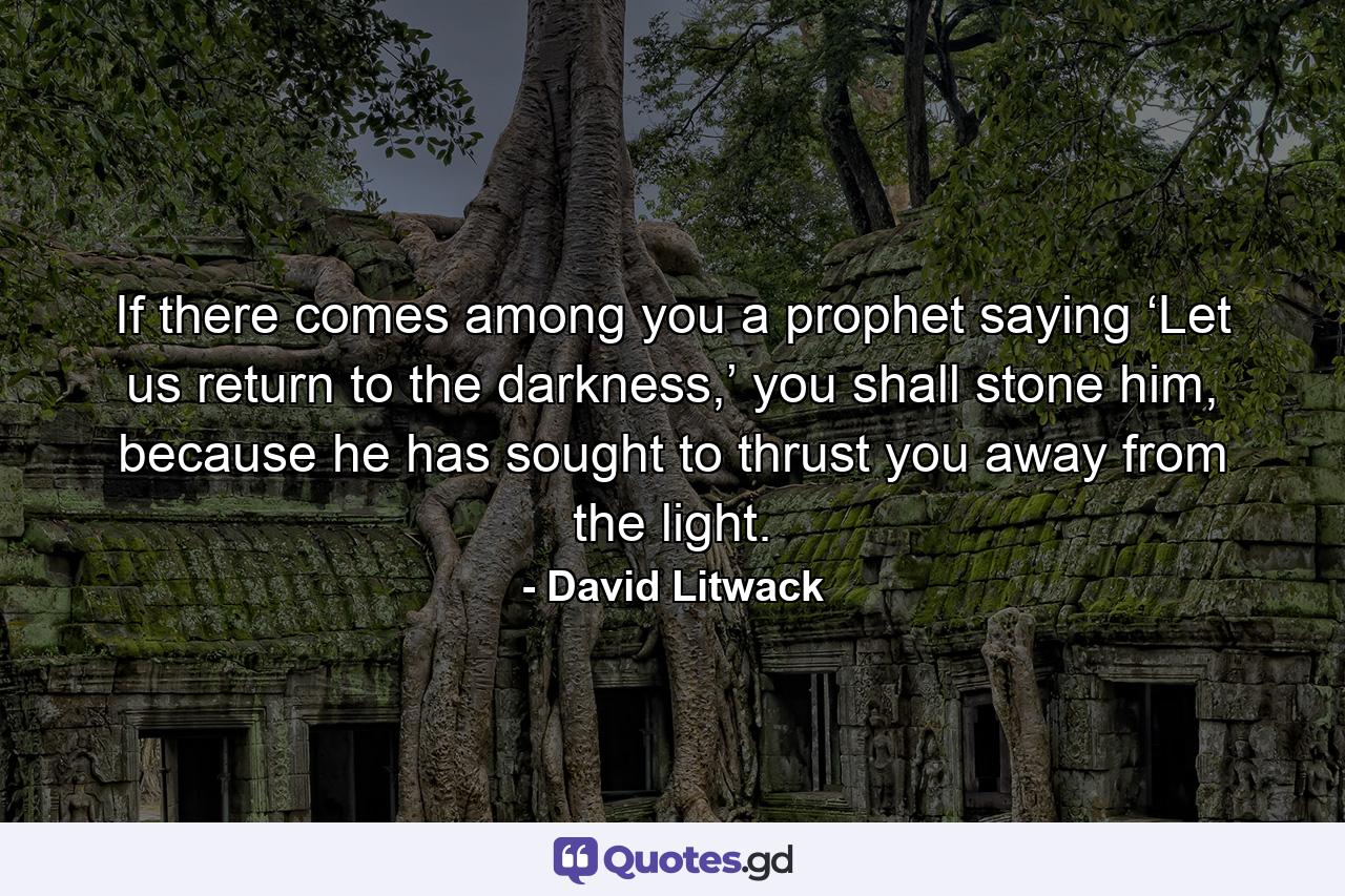 If there comes among you a prophet saying ‘Let us return to the darkness,’ you shall stone him, because he has sought to thrust you away from the light. - Quote by David Litwack