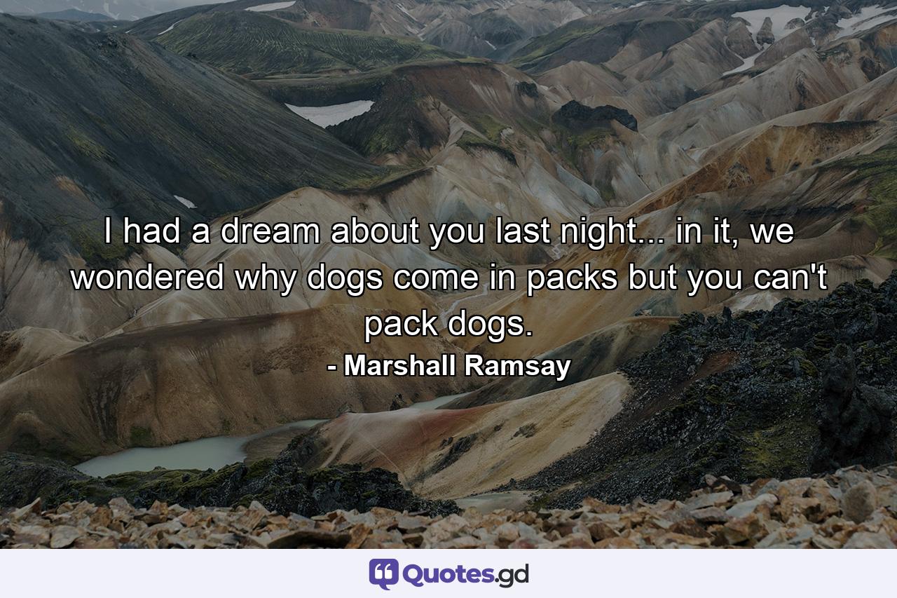 I had a dream about you last night... in it, we wondered why dogs come in packs but you can't pack dogs. - Quote by Marshall Ramsay