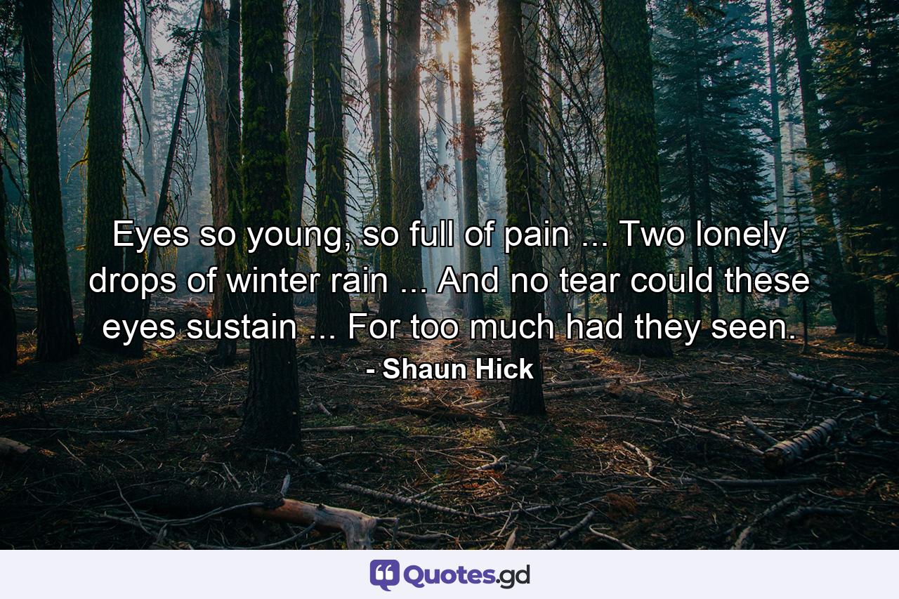 Eyes so young, so full of pain ... Two lonely drops of winter rain ... And no tear could these eyes sustain ... For too much had they seen. - Quote by Shaun Hick