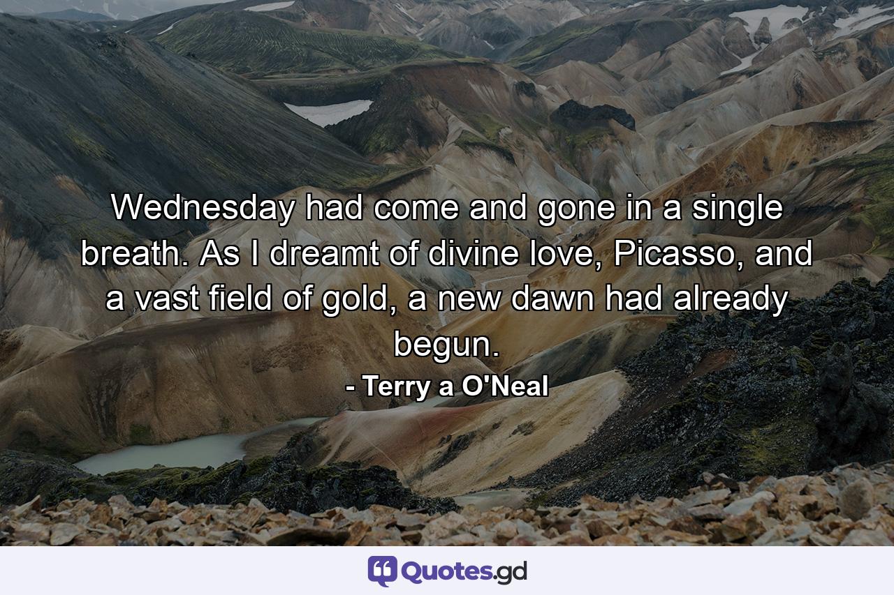 Wednesday had come and gone in a single breath. As I dreamt of divine love, Picasso, and a vast field of gold, a new dawn had already begun. - Quote by Terry a O'Neal