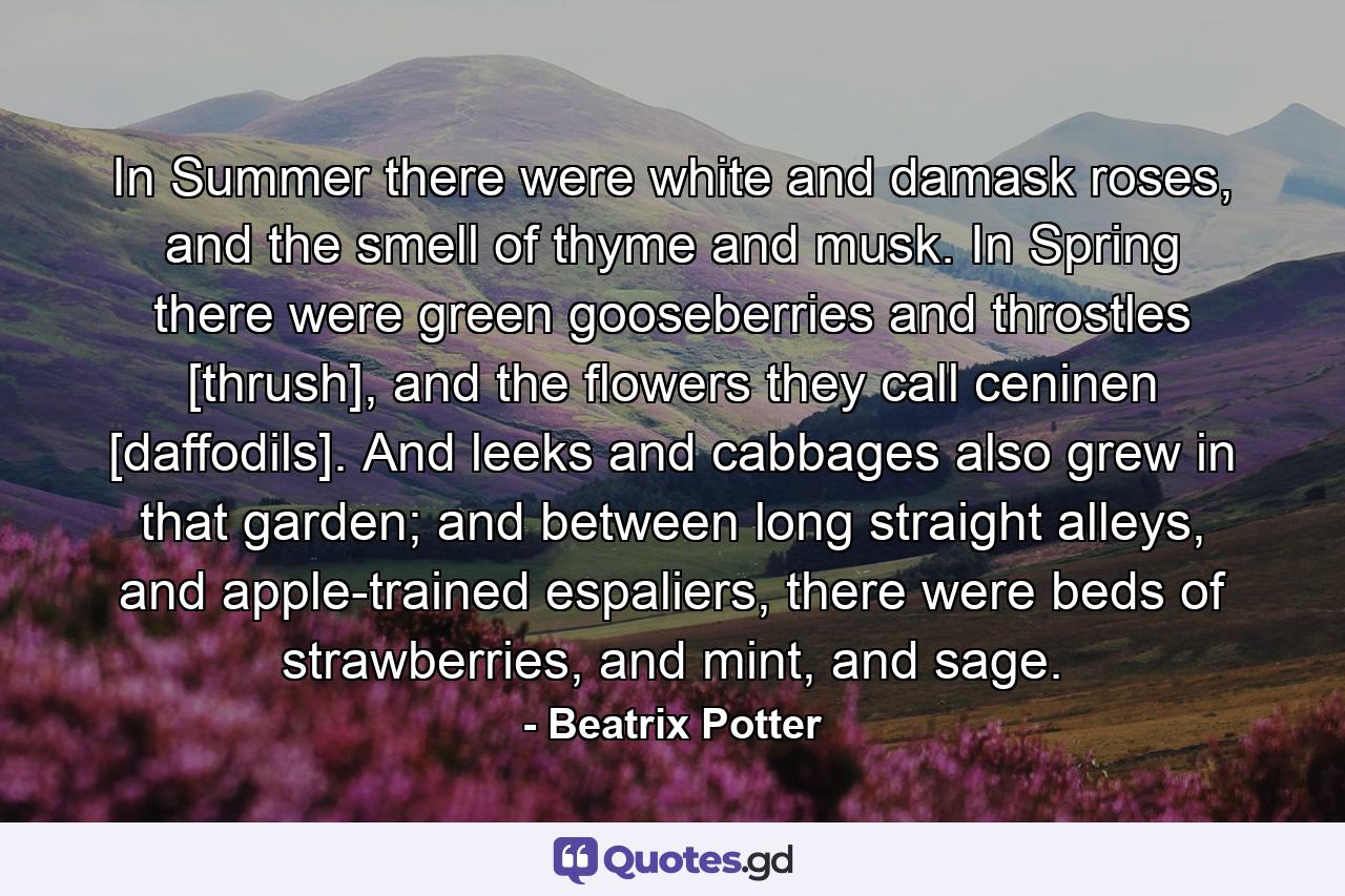 In Summer there were white and damask roses, and the smell of thyme and musk. In Spring there were green gooseberries and throstles [thrush], and the flowers they call ceninen [daffodils]. And leeks and cabbages also grew in that garden; and between long straight alleys, and apple-trained espaliers, there were beds of strawberries, and mint, and sage. - Quote by Beatrix Potter