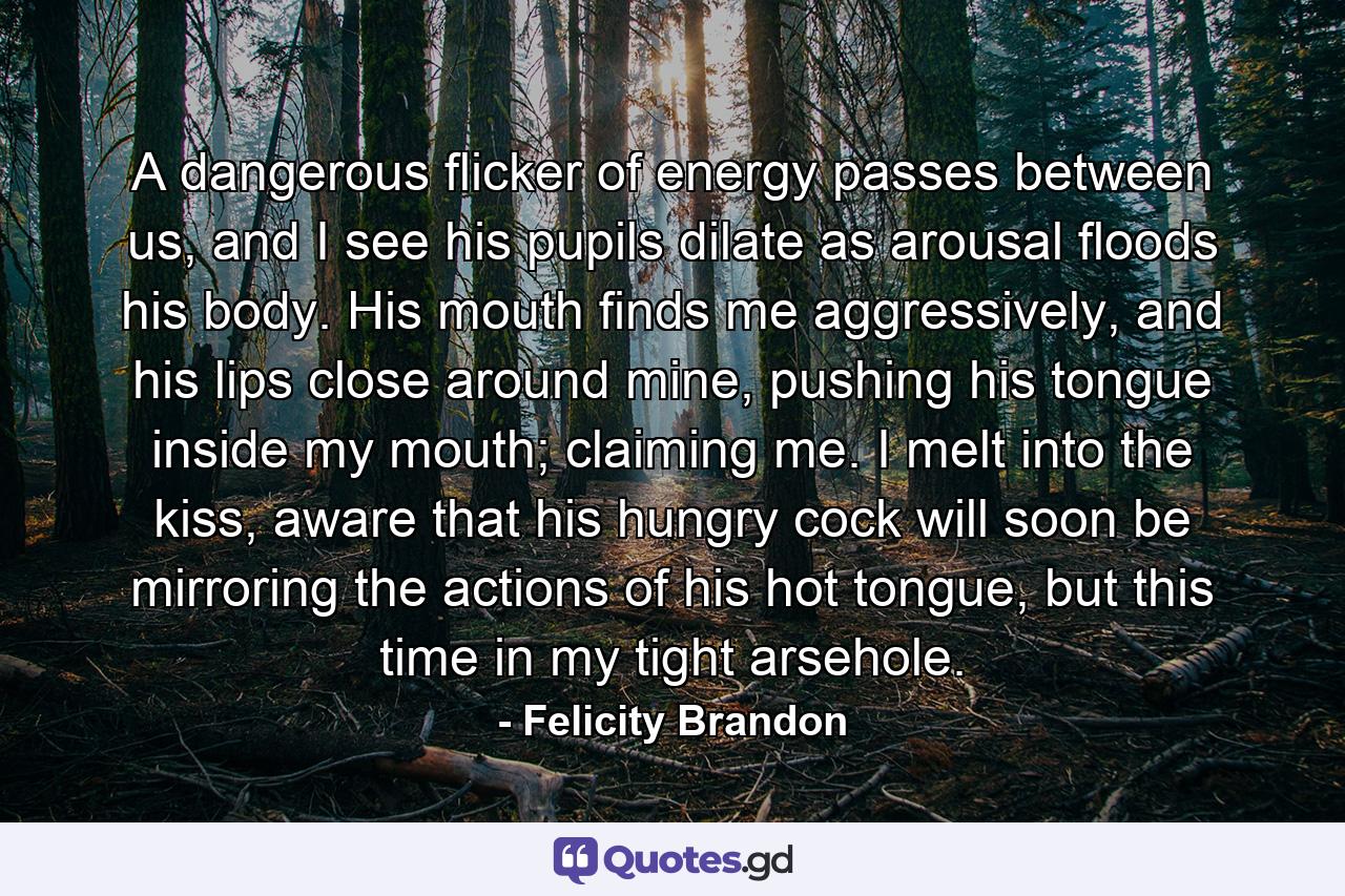 A dangerous flicker of energy passes between us, and I see his pupils dilate as arousal floods his body. His mouth finds me aggressively, and his lips close around mine, pushing his tongue inside my mouth; claiming me. I melt into the kiss, aware that his hungry cock will soon be mirroring the actions of his hot tongue, but this time in my tight arsehole. - Quote by Felicity Brandon