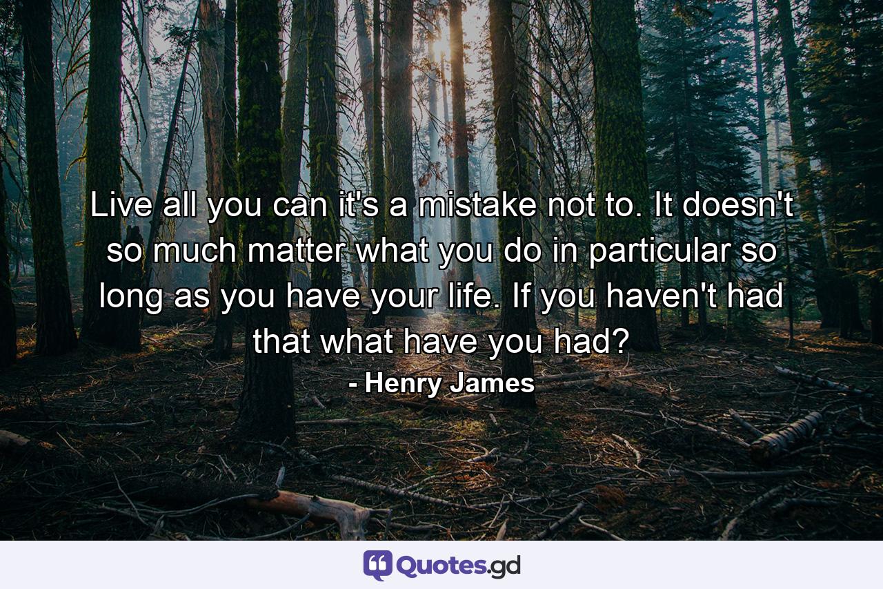 Live all you can  it's a mistake not to. It doesn't so much matter what you do in particular  so long as you have your life. If you haven't had that  what have you had? - Quote by Henry James