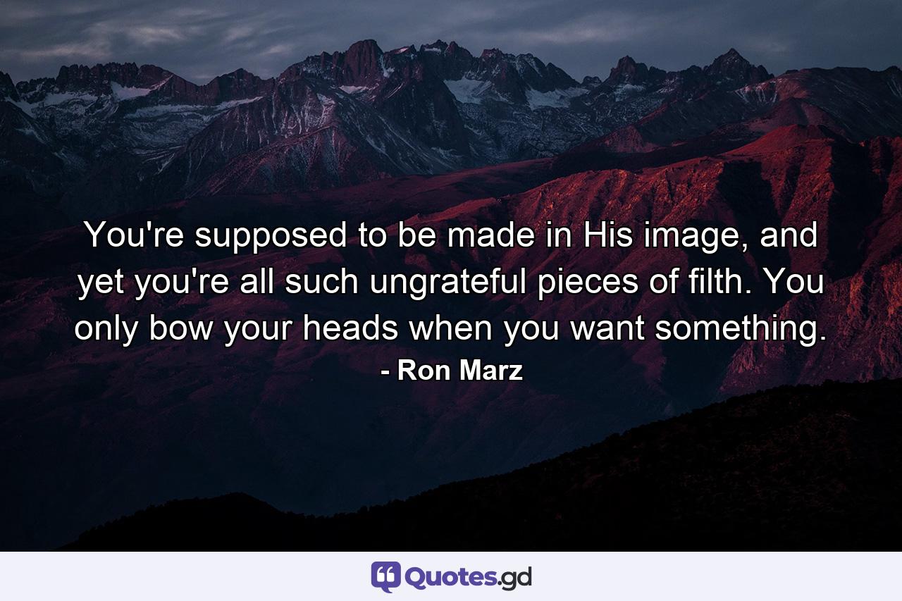 You're supposed to be made in His image, and yet you're all such ungrateful pieces of filth. You only bow your heads when you want something. - Quote by Ron Marz