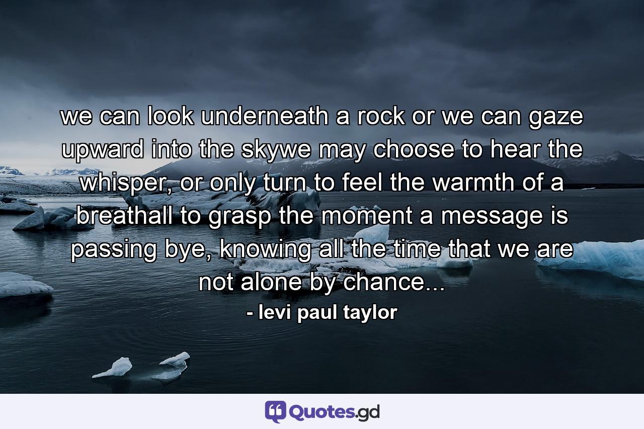 we can look underneath a rock or we can gaze upward into the skywe may choose to hear the whisper, or only turn to feel the warmth of a breathall to grasp the moment a message is passing bye, knowing all the time that we are not alone by chance... - Quote by levi paul taylor