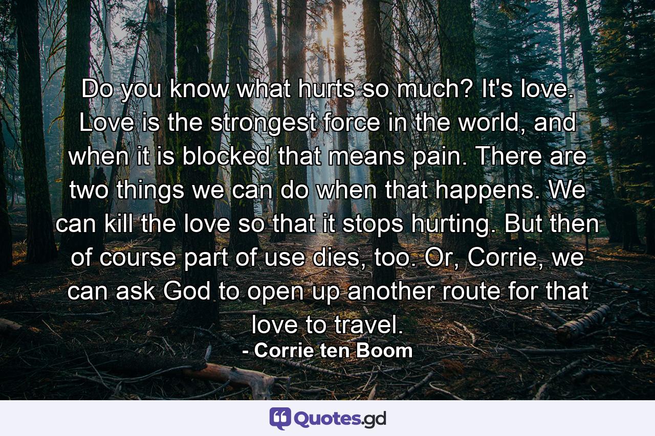 Do you know what hurts so much? It's love. Love is the strongest force in the world, and when it is blocked that means pain. There are two things we can do when that happens. We can kill the love so that it stops hurting. But then of course part of use dies, too. Or, Corrie, we can ask God to open up another route for that love to travel. - Quote by Corrie ten Boom